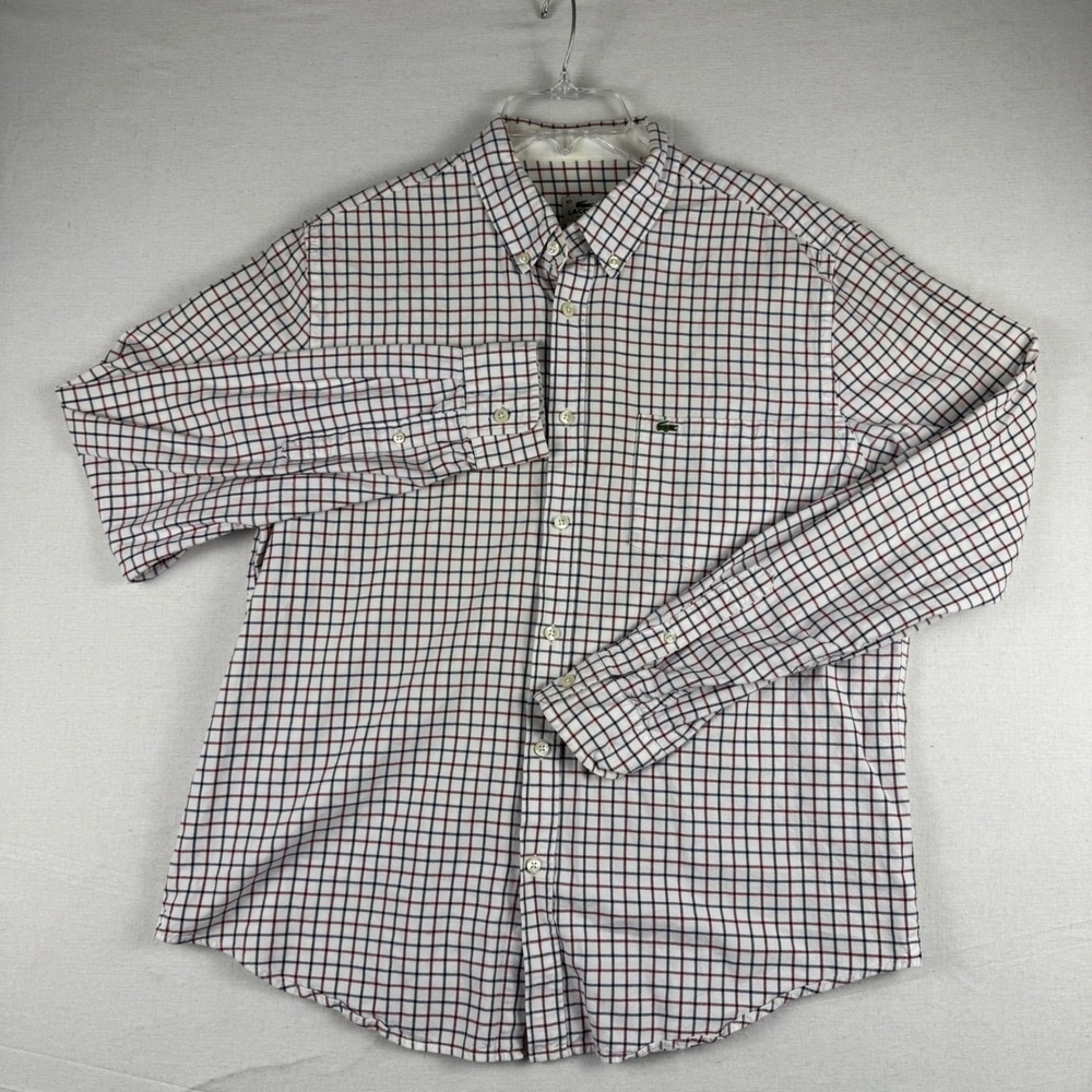 Lacoste Mens Classic Fit Button Down Shirt White Red Blue Check Size 42 L